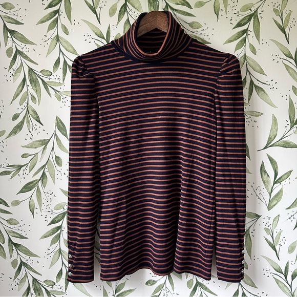 Talbots Sweaters - Talbots striped turtleneck with puffed shoulders. Navy/Brown. Size small.